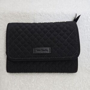 Vera Bradley Iconic RFID Riley Compact Wallet Trifold Navy  Solid Black Quilted